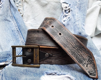 Black Leather Vintage Mens Belt - Personalized Custom Accessories for Him - Christmas Gift