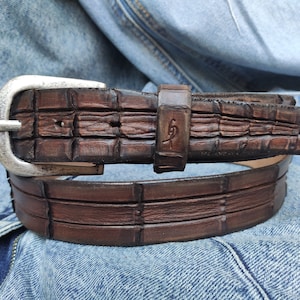 Handmade Brown Leather Crocodile Belt - Textured Design