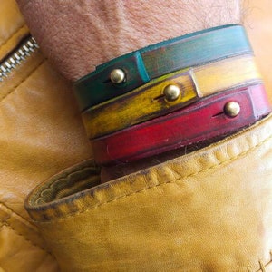 Rasta Leather Bracelet Cuff,Leather Wristband,Rastafarian Cuff,Leather Armband,Red,Yellow,Green Bracelet by Ishaor image 2