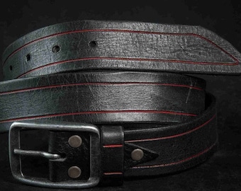 Handmade Full Grain Leather Mens Belt – Black Belt with Red Line