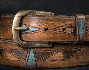 Men's Brown Leather Belt Turquoise Triangle Embossed, Western Boho Style