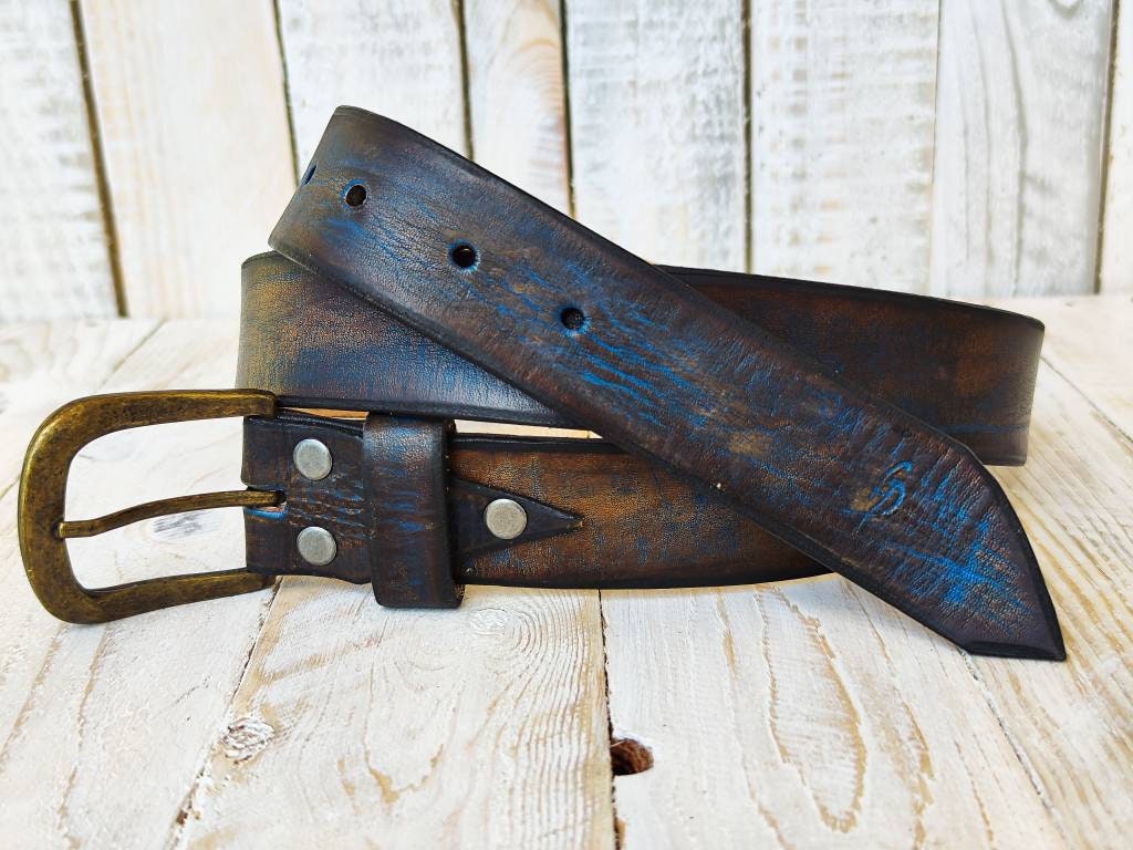 Handmade Leather Belt - Blue With Two-tone Brown Wash, 3.6
