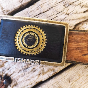 Ishaor Rectangle Buckle with Dark Brown Leather  Motorcycle Gear Stamp in Gold - Upgrade Any Belt