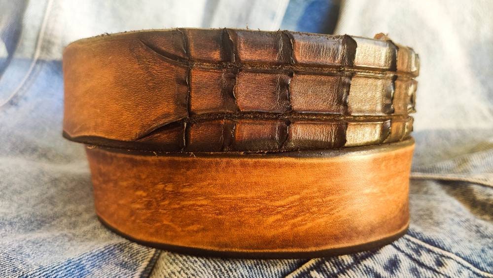 Handmade Brown Leather Belt - Unique Alligator Texture No Handmade Brown Leather Belt - Unique Alligator Texture No