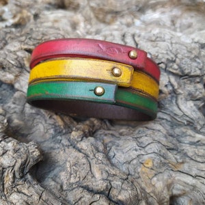 Rasta Leather Bracelet Cuff,Leather Wristband,Rastafarian Cuff,Leather Armband,Red,Yellow,Green Bracelet by Ishaor image 4