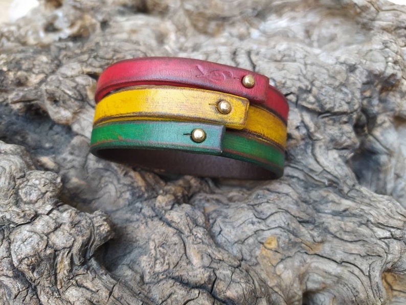 Rasta Leather Bracelet Cuff,Leather Wristband,Rastafarian Cuff,Leather Armband,Red,Yellow,Green Bracelet by Ishaor image 4