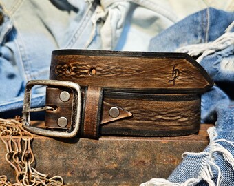 Hi Lai Distressed Brown Leather Belt with Textured Buckle il_fullxfull.  main image 3