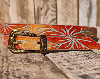 Ishaor Handmade Leather Chic Belt for Women's Flowers in Light Blue & Orange | Spring Fashion , 2cm narrow belt