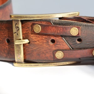 Ishaor unique Handmade Brown Leather Belt Authentic Full Grain with Bronze buckle image 1