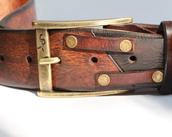 Ishaor unique Handmade Brown Leather Belt - Authentic Full Grain with  Bronze buckle