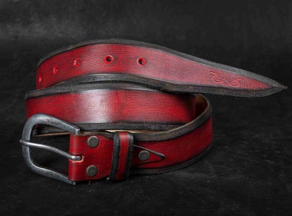 Red Leather Belt Vintage Style Unisex Mens Accessories for  display picture 1