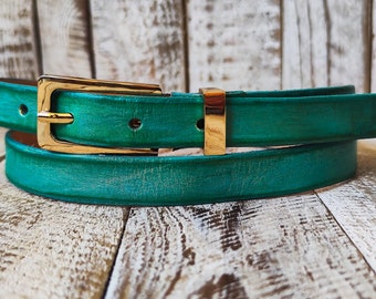 Handcrafted Narrow 2cm Turquoise Leather Belt with Gold Buckle for Women Elegant design, unique color