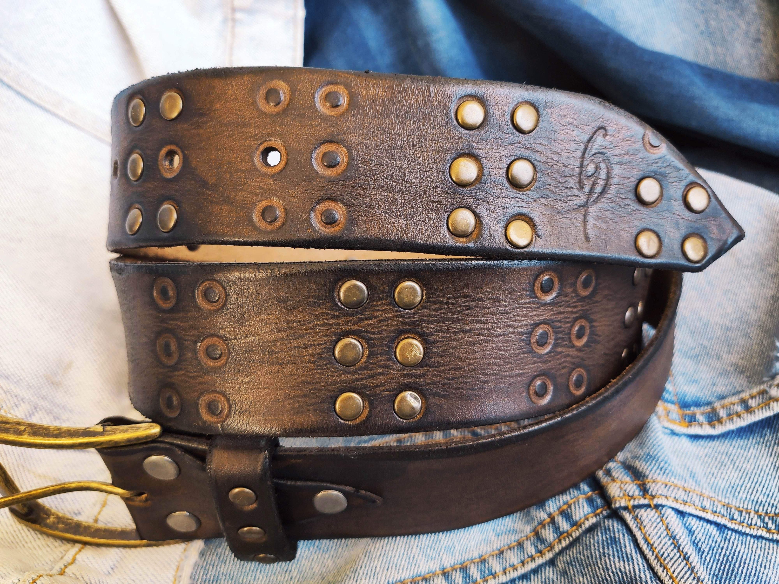 Vintage Brown Leather Belt With HIFI Embossing Rivets and