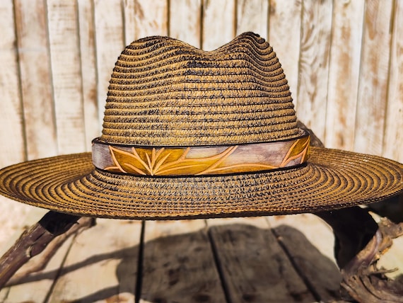 Handcrafted Straw Hat With Yellow Flower & Vintage Brown 