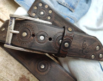 Handmade Motorcycle Gear Stamped Leather Belt with Rivets - Unique Design by Ishaor