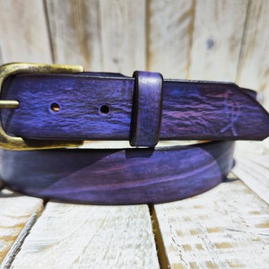 Handcrafted Purple Leather Belt with Black Wash and Ancient Gold Buckle - Regal Elegance