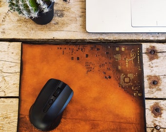 Personalized Leather Mousepad in shades of Brown with gold stamping of Computer parts made by hand, perfect Gift for the Office or for WFH