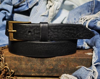 Handmade Black Leather Belt, Rustic Jeans Belt with Bronze Buckle