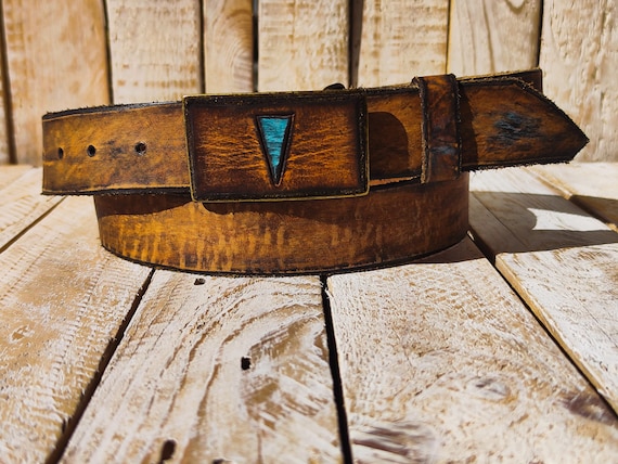 Handmade Brown Leather Belt, Vintage Texture, Turquoise  display picture 1