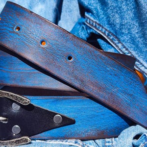 Distressed Blue Leather Belt - Personalized Statement Piece for Jeans - Rough Finish Stunning Design - Perfect Gift for him