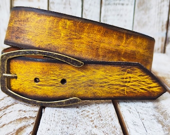 Handmade Yellow Leather Belt, Brown Accent - Unique Men's Gift