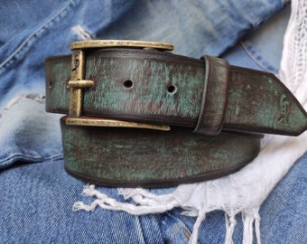 Distressed Turquoise Leather Belt A Statement Piece for Your Jeans Stunning rough finish with Personalization -Make Their Gift Extra Special