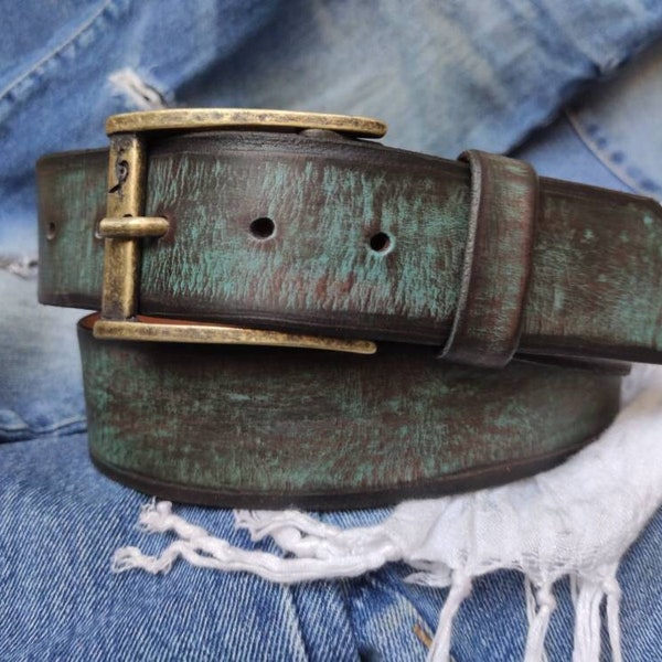 Distressed Turquoise Leather Belt A Statement Piece for Your Jeans Stunning rough finish with Personalization -Make Their Gift Extra Special