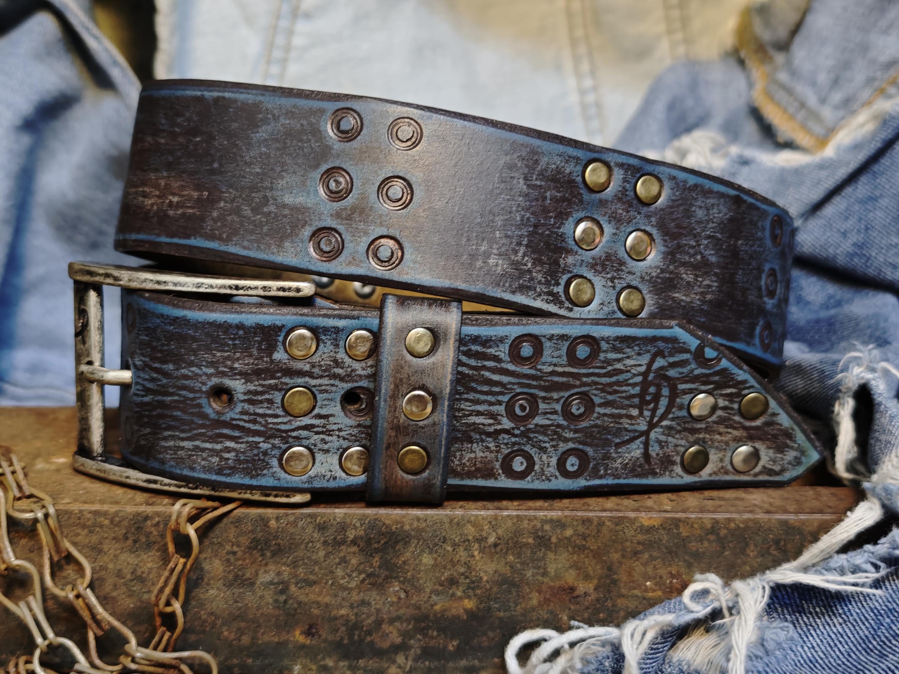 Handmade Brown Leather Belt With Blue Wash, Hi-fi Stamped Design