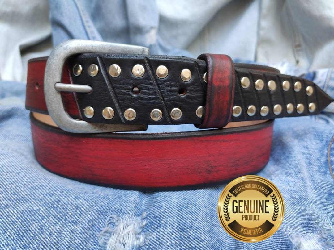 Custom Red Leather Steampunk Belt for Men With Studs Christmas