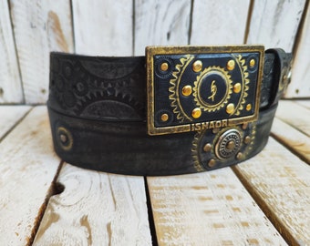 Handcrafted Leather Belt With Motorcycle Gear Stamps Silver