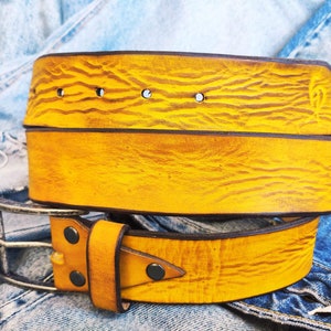 A yellow leather belt with brown wash, the perfect belt color for jeans with option to personalized for a gift with name image 7