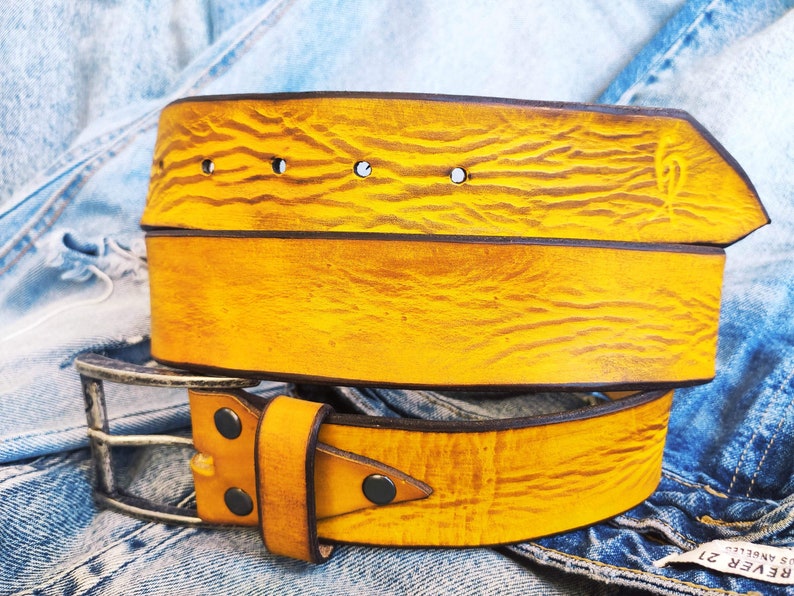 A yellow leather belt with brown wash, the perfect belt color for jeans with option to personalized for a gift with name image 7