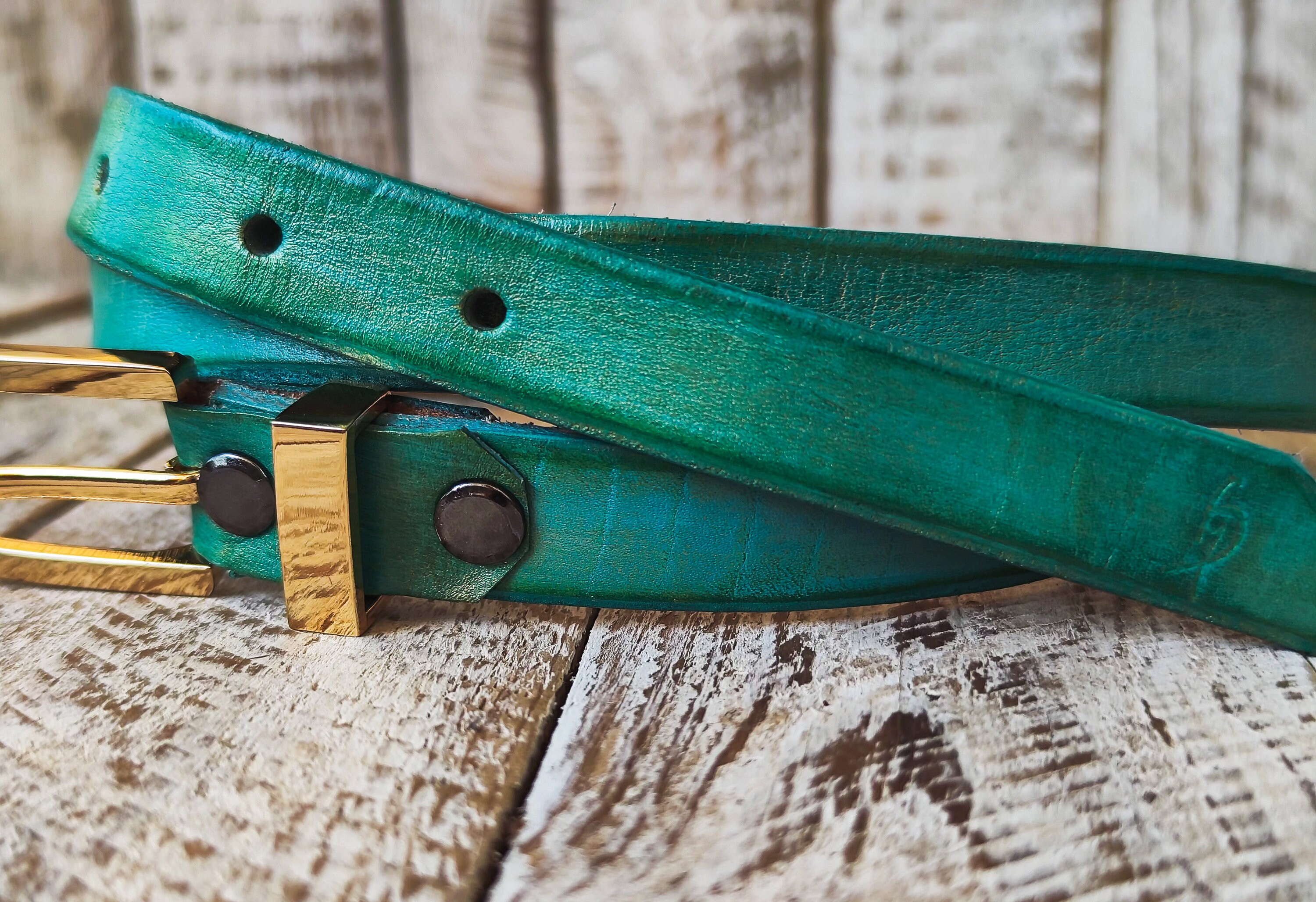 Vintage Belt Teal Velvet Leather Suede Beaded Large Round Buckle Sostanza Vintage 70s Unique Teal Leather Belt With White Stitching  main image 3