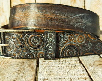 Handmade Brown Leather Motorcycle Gear Belt – Embossed Design