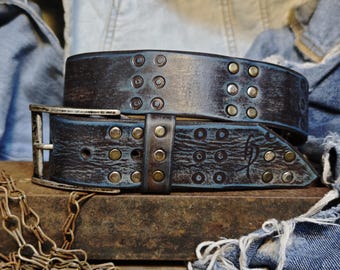 Handmade Brown Leather Belt with Blue Wash, Hi-Fi Stamped Design, Heavy-Duty Punk Rock Style