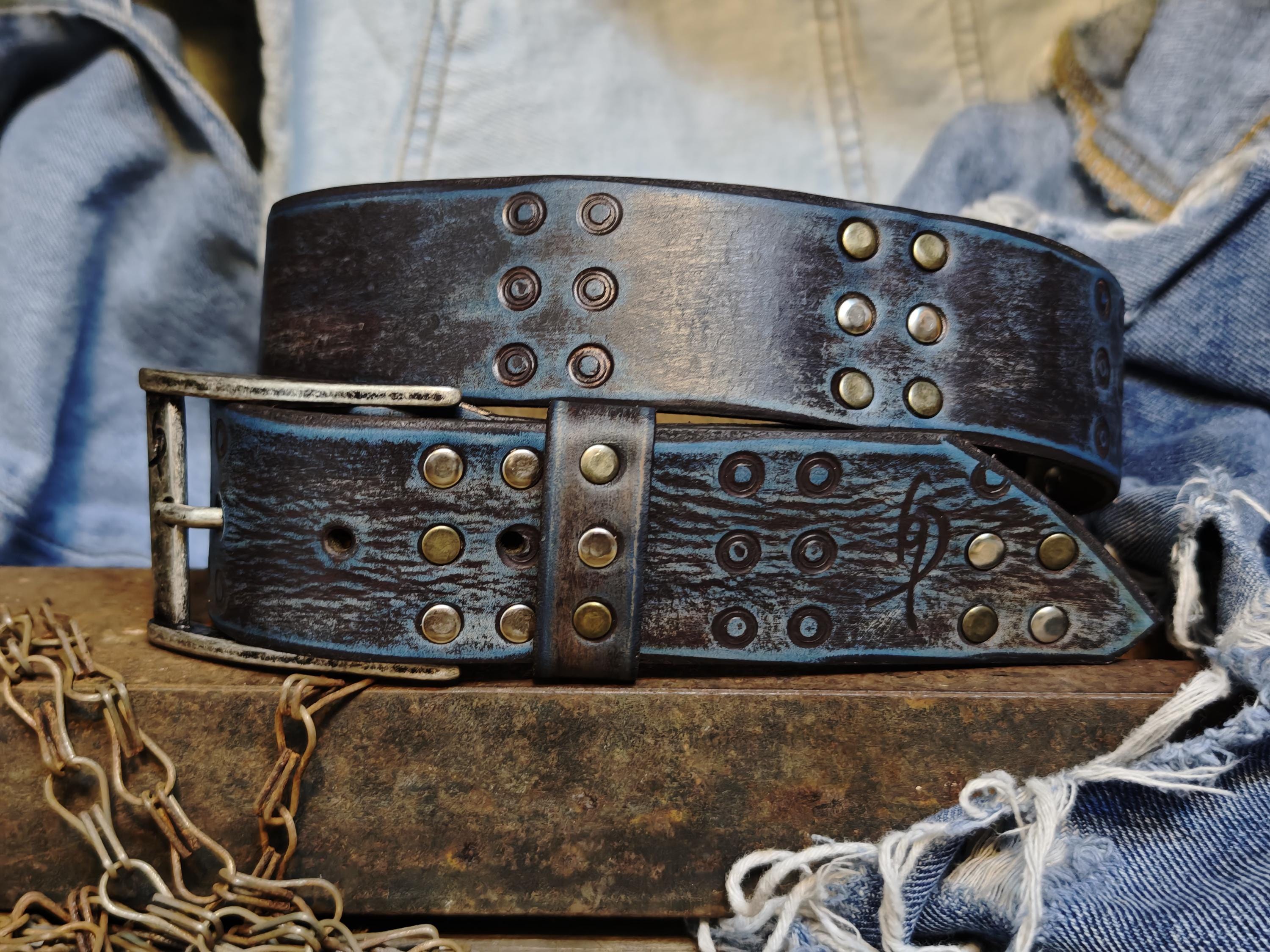 Handmade Brown Leather Belt With Blue Wash, Hi-fi Stamped Design