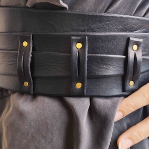 Handcrafted Wide Black Leather Waist Belt with Unique Cord Closure - Perfect for Dresses or Jackets - Designer Belt from ISHAOR
