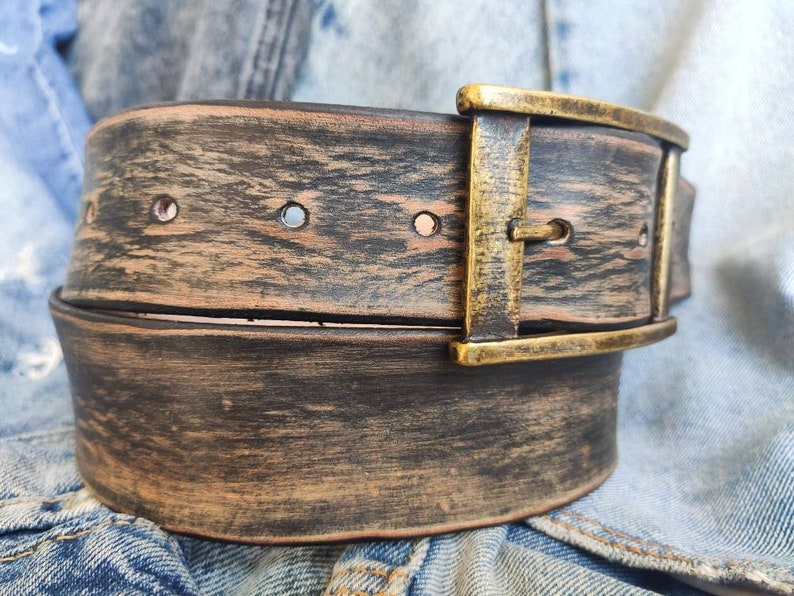 A black leather belt with brown spots that makes it look vintage simple black belt for jeans perfect for daily use and personalized option image 6