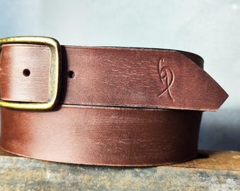 Hand-Dyed Whiskey Leather Belt • Aged Gold Horseshoe Buckle