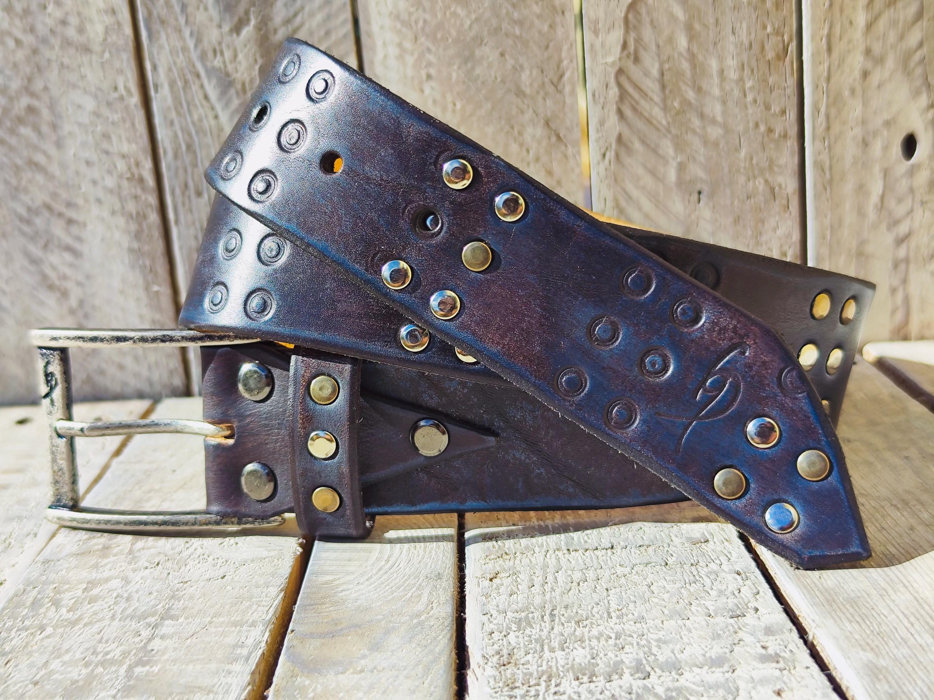 Handmade Brown Leather Belt With Blue Wash, Hi-fi Stamped Design