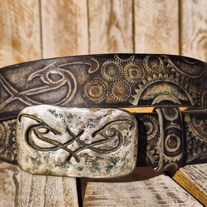 Rugged Handmade Leather Belt: white and Vintage brown Wash designed with Motorcycle Gear Stamps, rivets and Ishaor original logo buckle