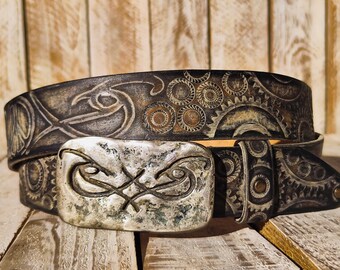 Handmade Motorcycle Leather Belt: Rust Finish, Silver Buckle