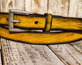 Distressed Yellow Narrow Leather Belt for men and women with brown wash & silver buckle.A Statement Piece for Your Jeans Stunning rough fini