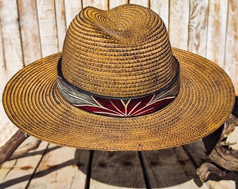 ハット Alvy Red Striped Straw Hat Handcrafted Straw Hat With Red Flower Vintage Leather Band
