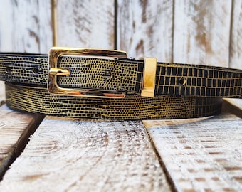 Black Leather Belt, Gold Wash and gold Buckle, Elegant Everyday Accessor. Adjustable belt the perfect gift