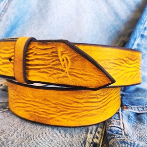 A yellow leather belt with brown wash, the perfect belt color for jeans with option to personalized for a gift with name image 4