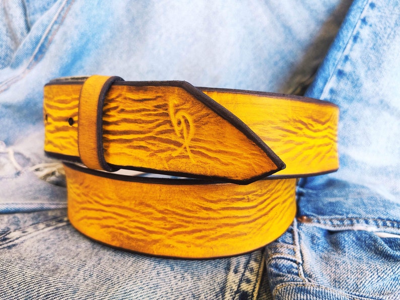 A yellow leather belt with brown wash, the perfect belt color for jeans with option to personalized for a gift with name image 4