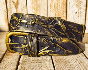 Handmade 3D Leather Belt - Black & Gold Accents - Unique Artistic Fashion Accessory