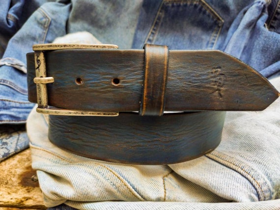 Handmade Blue Leather Belt – Rustic Vintage Wash, Jeans Belt  display picture 2