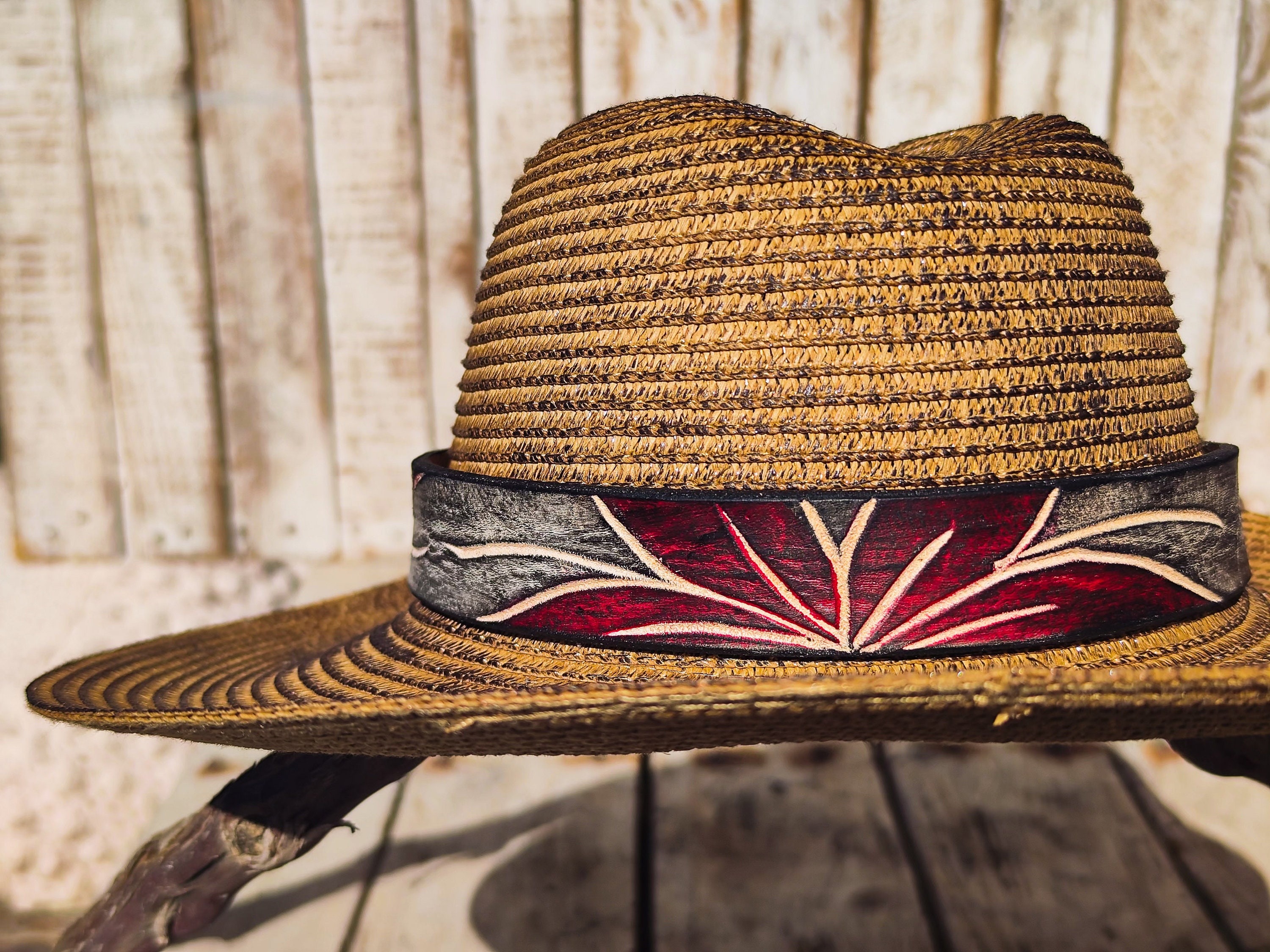 ハット Alvy Red Striped Straw Hat Handcrafted Straw Hat With Red Flower Vintage Leather Band
